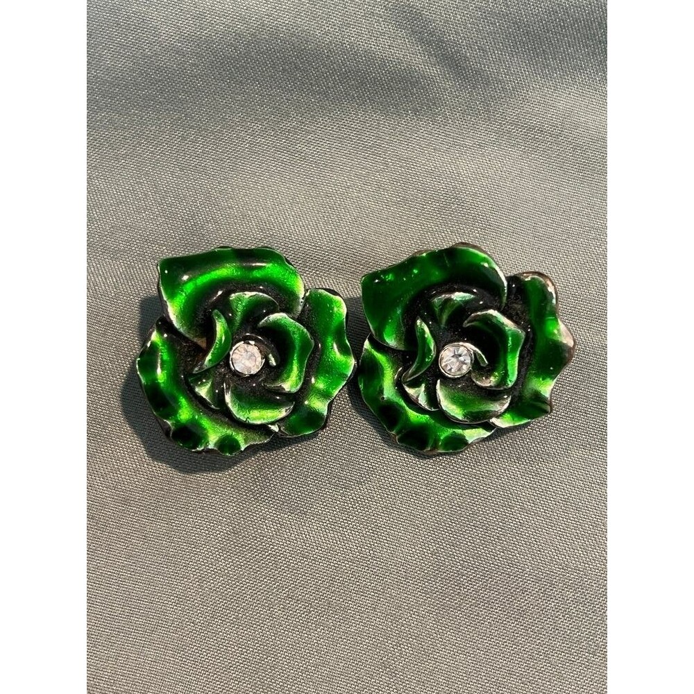 Vintage Green Rose Clip-On Earrings with Rhinestone Center
